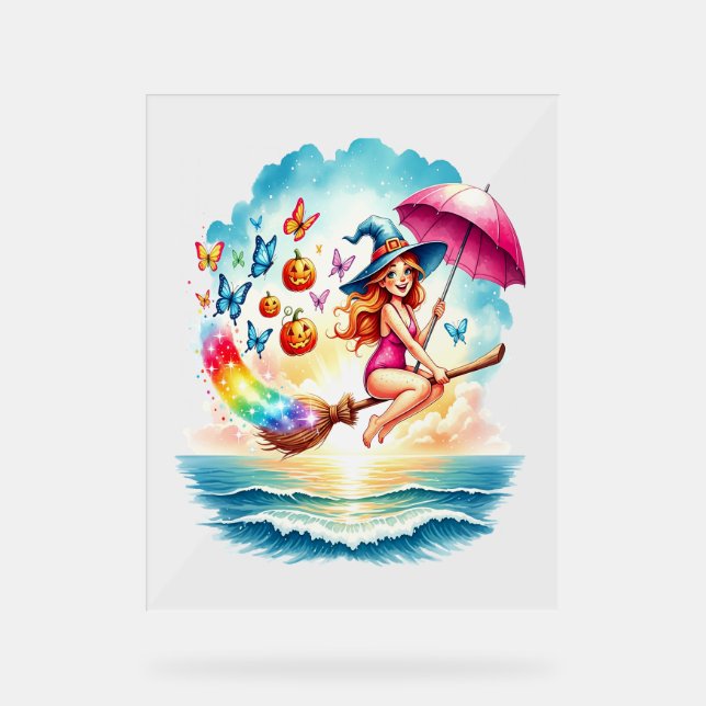 Halloween Meerjungfrau auf Broom Acrylschild (Vorderseite)