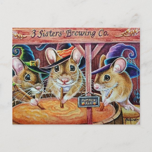 Halloween Mice Brewing Pumpkin Ale Wasserfarben Ku Postkarte (Vorderseite)