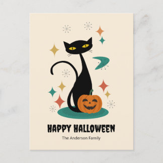 Halloween Mid Century Schwarze Katze Feiertagspostkarte