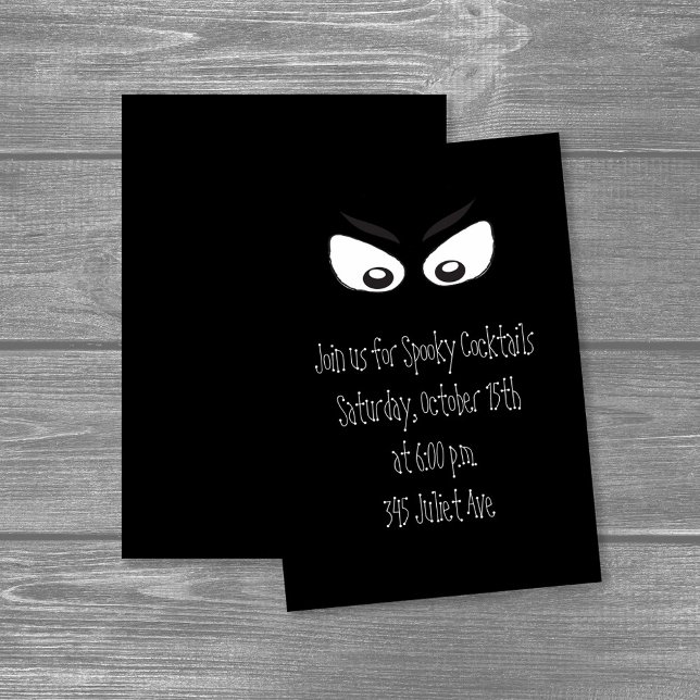 Halloween Minimalistische Niedliche Whimsical Ghos Einladung (Black Halloween cocktail party invitation with spooky glowing eyes design.)