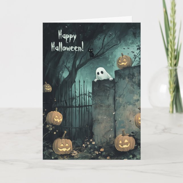 Halloween mit Ghost und Black Cat Dankeskarte (Vorderseite)