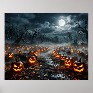Halloween mit gruseligen Bäumen und Jack O Lantern Poster
