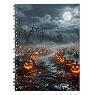 Halloween mit gruseligen Bäumen und Kürbislaternen Notizblock