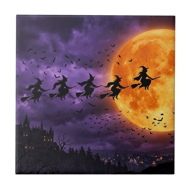 Halloween mit Mond und Hexe Fliese (Vorderseite)
