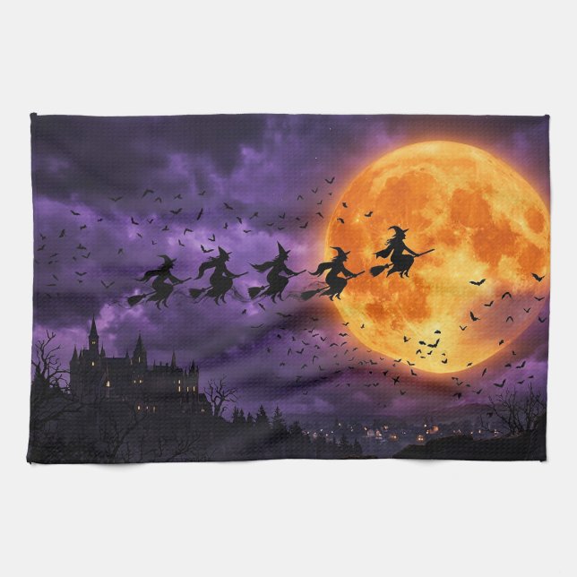 Halloween mit Mond und Hexe Geschirrtuch (Horizontal)