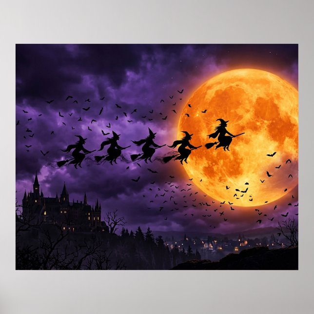 Halloween mit Mond und Hexe Poster (Vorne)