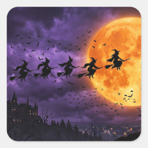 Halloween mit Mond und Hexe Quadratischer Aufkleber
