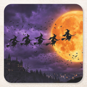 Halloween mit Mond und Hexe Rechteckiger Pappuntersetzer