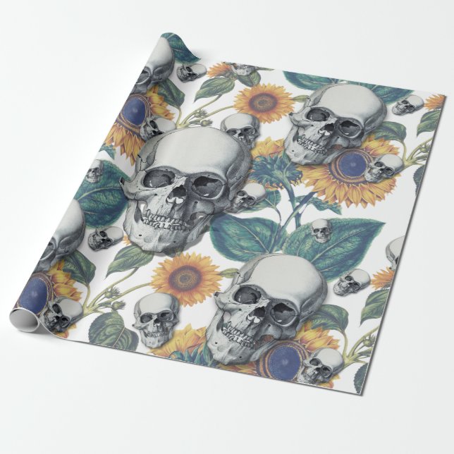 Halloween mit Skullen und Sonnenblumenmuster Geschenkpapier (Ungerollt)