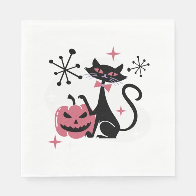 Halloween Mitte Jahrhundert Retro Black Cat Serviette (Vorderseite)