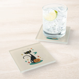 Halloween Mitte Jahrhunderts Schwarze Katze Glasuntersetzer