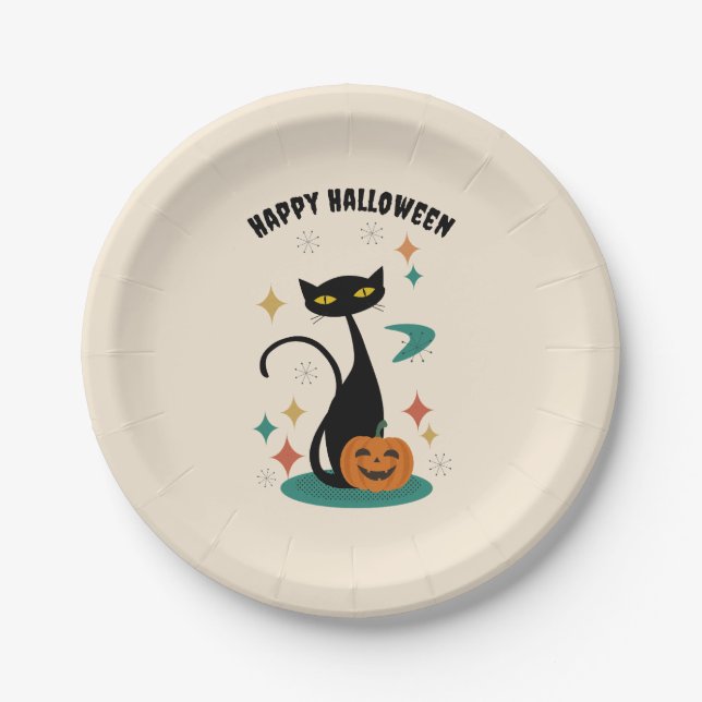 Halloween Mitte Jahrhunderts Schwarze Katze Pappteller (Vorderseite)