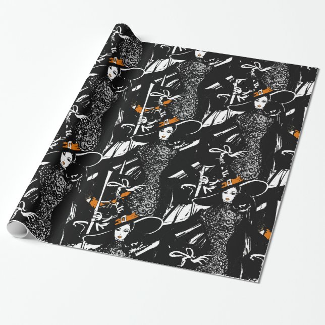 Halloween Modebild mit Besen Geschenkpapier (Ungerollt)