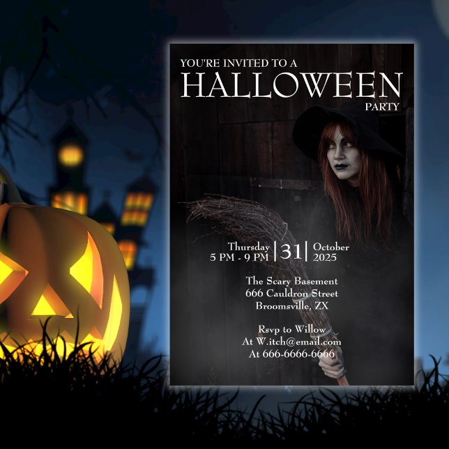Halloween Moderne Gothic-Hexe-Besen Dunkle Scheune Einladung (Von Creator hochgeladen)