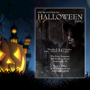 Halloween Moderne Gothic-Hexe Besen Dunkles Foto Einladung