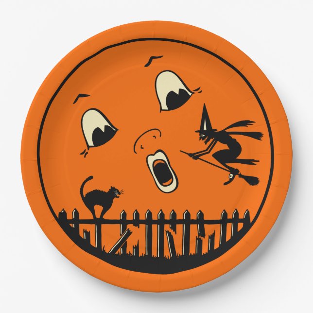 Halloween-Mond-Vintager Entwurf - schwarze Katze Pappteller (Vorderseite)