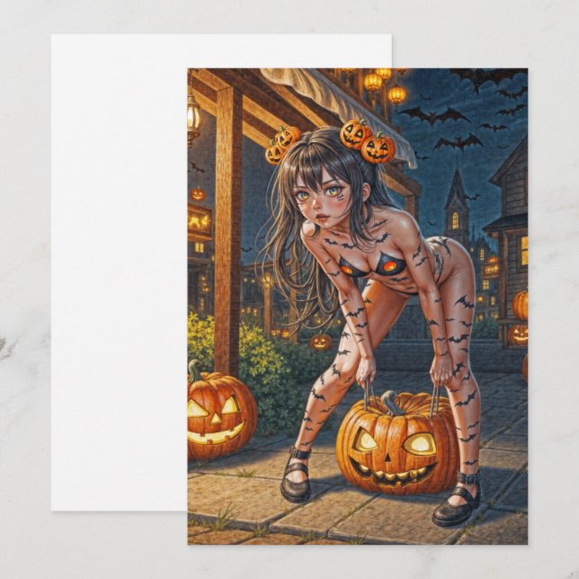 Halloween Monster Jack-o-Lantern & Bat Vixen Girl Einladung (Vorne/Hinten)