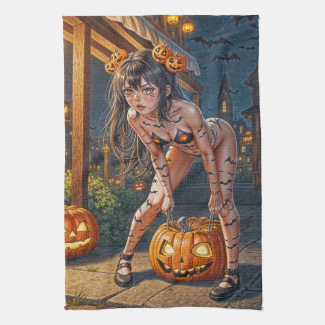 Halloween Monster Jack-o-Lantern & Bat Vixen Girl Geschirrtuch (Vertikal)