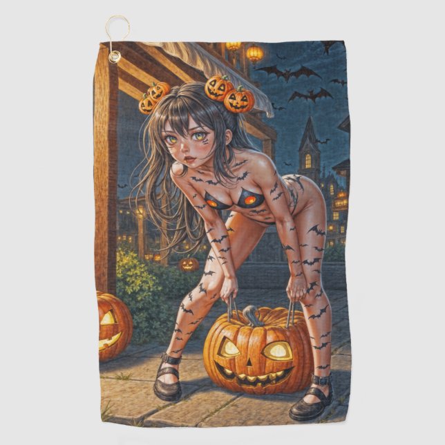 Halloween Monster Jack-o-Lantern & Bat Vixen Girl Golfhandtuch (Vorderseite)