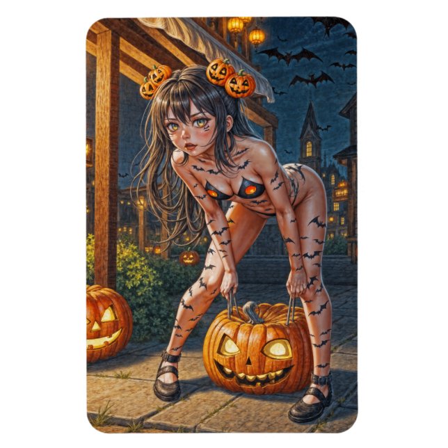 Halloween Monster Jack-o-Lantern & Bat Vixen Girl Magnet (Vertikal)
