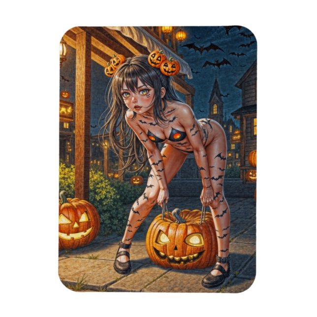 Halloween Monster Jack-o-Lantern & Bat Vixen Girl Magnet (Vertikal)