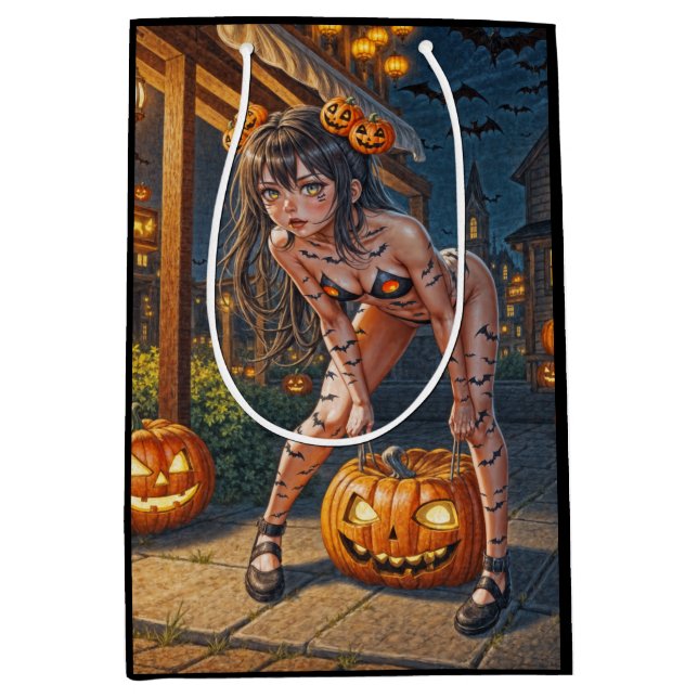 Halloween Monster Jack-o-Lantern & Bat Vixen Girl Mittlere Geschenktüte (Vorderseite)