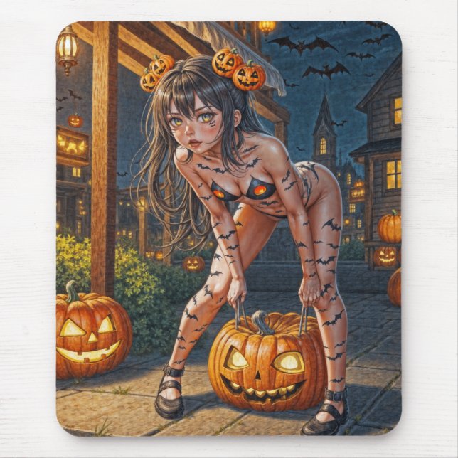 Halloween Monster Jack-o-Lantern & Bat Vixen Girl Mousepad (Vorne)