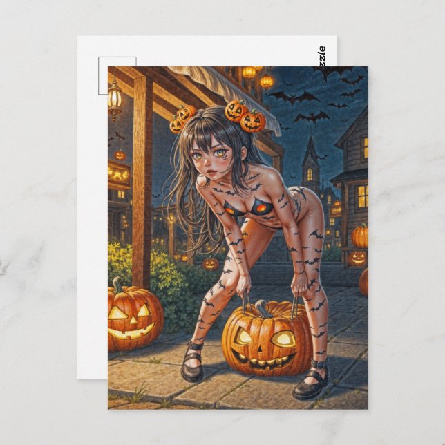 Halloween Monster Jack-o-Lantern & Bat Vixen Girl Postkarte (Vorne/Hinten)