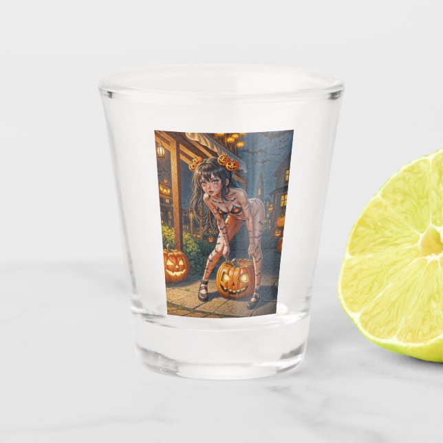 Halloween Monster Jack-o-Lantern & Bat Vixen Girl Schnapsglas (Vorderseite)