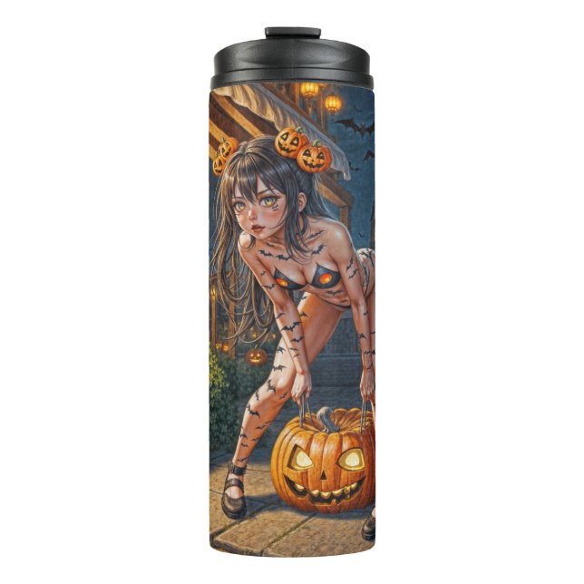 Halloween Monster Jack-o-Lantern & Bat Vixen Girl Thermosbecher (Vorderseite)