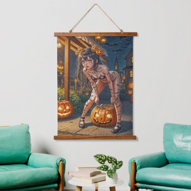 Halloween Monster Jack-o-Lantern & Bat Vixen Girl Wandteppich Mit Holzrahmen (Wohnzimmer)
