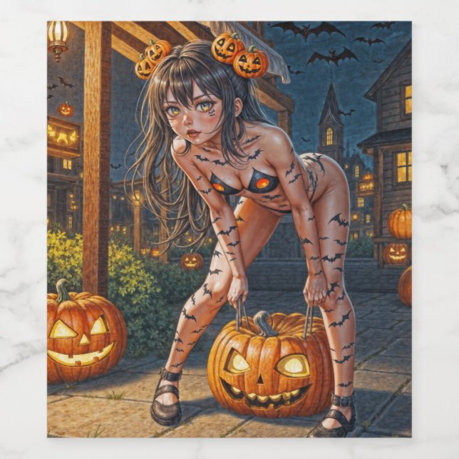 Halloween Monster Jack-o-Lantern & Bat Vixen Girl Weinetikett (Einzelnes Label)