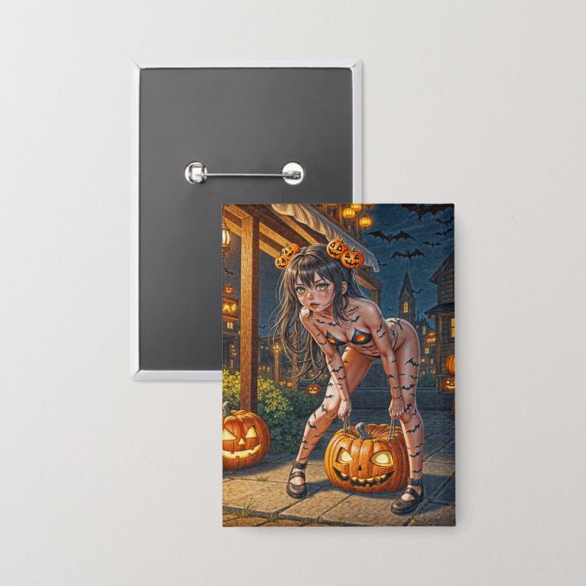 Halloween-Monster Jack-o-Lantern & Fledermaus-Vixe Button (Vorderseite/Rückseite)