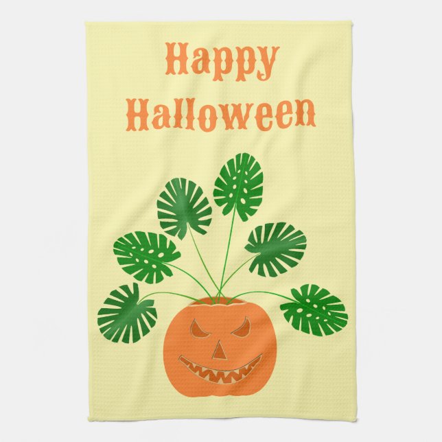 Halloween Monstera Pflanze in Pumpkin Custom Geschirrtuch (Vertikal)