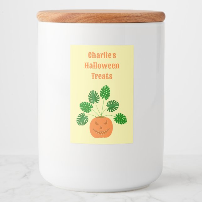 Halloween Monstera Pflanze in Pumpkin Custom Lebensmitteletikett (Vorderseite)