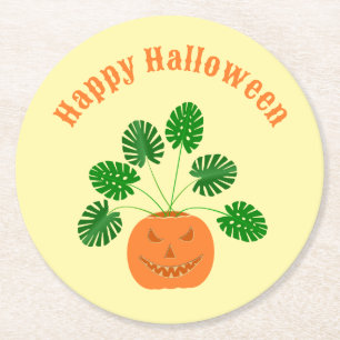 Halloween Monstera Pflanze in Pumpkin Custom Runder Pappuntersetzer
