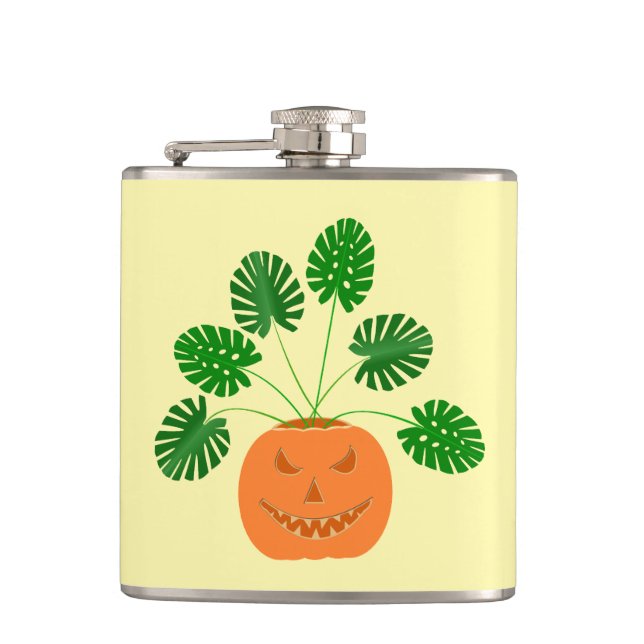 Halloween Monstera Pflanze in Pumpkin Flachmann (Vorderseite)
