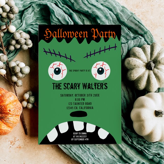 Halloween-Monstereyeball-Party Einladung (Halloween green monster eyeball face party invitation)