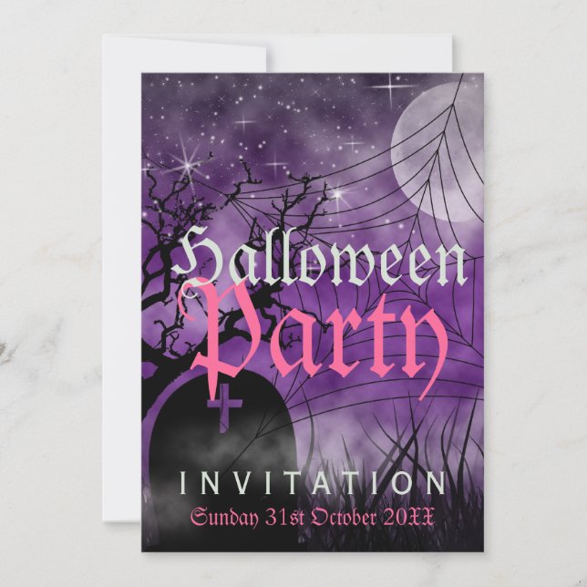 Halloween Moon & Spider Web Lila Einladung (Vorderseite)