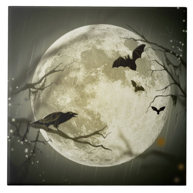 Halloween Moon Spooky Crows Fliese (Vorderseite)