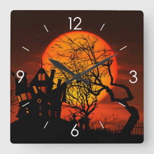 Halloween Moonlight Spuk House Quadratische Wanduhr