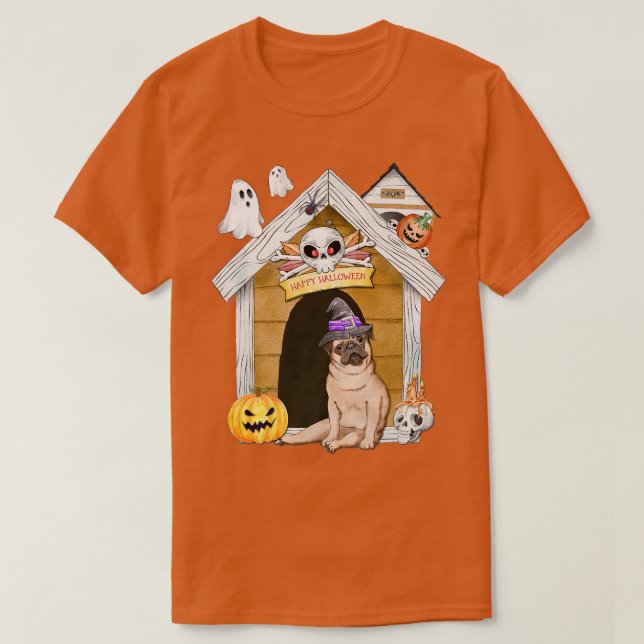 Halloween Mops Dog Hexe Spuk Haus T-Shirt (Design vorne)