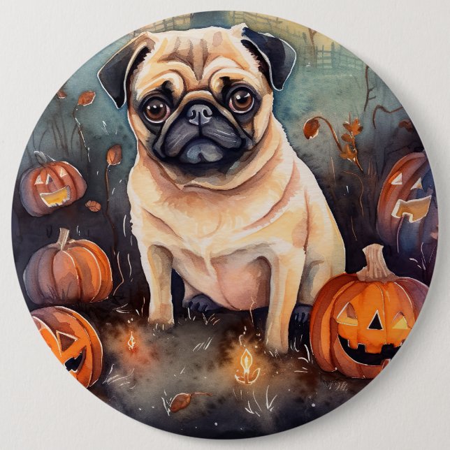 Halloween-Mops mit Pumpkins Beängstigend Button (Vorderseite)