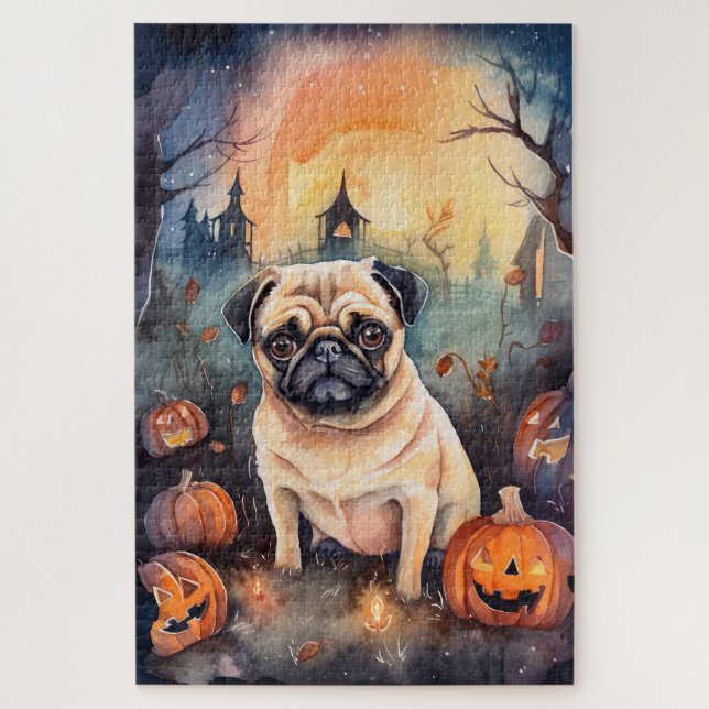 Halloween-Mops mit Pumpkins Beängstigend Puzzle (Vertikal)