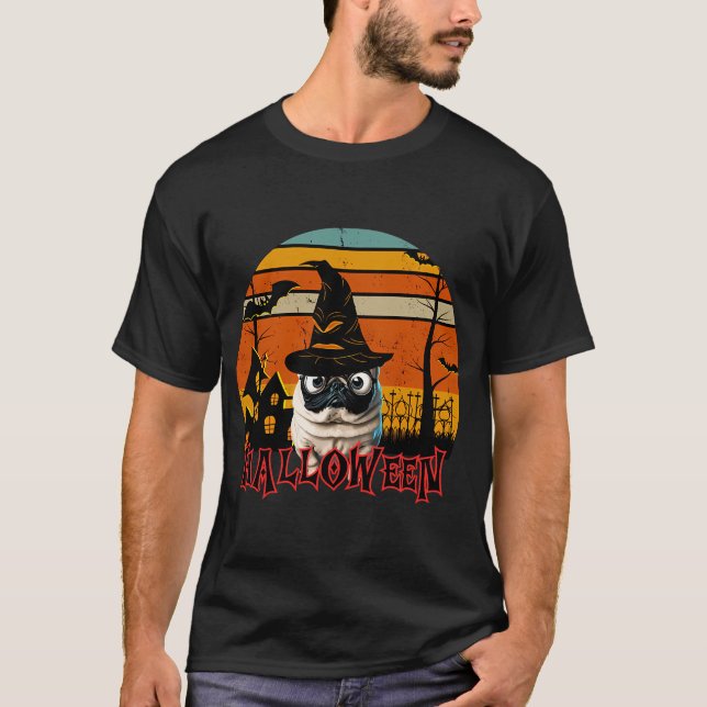 Halloween Mops/Pug Zauberer T-Shirt (Vorderseite)