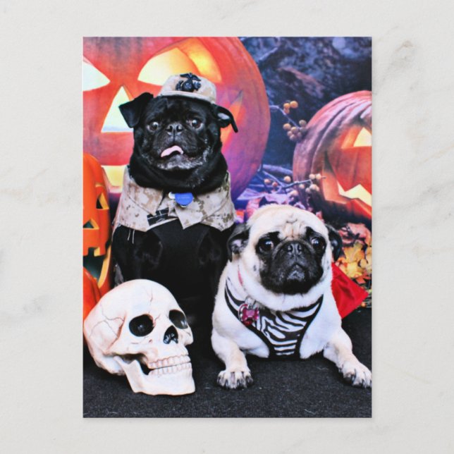 Halloween - Mops - Ruffy und Lola Postkarte (Vorderseite)