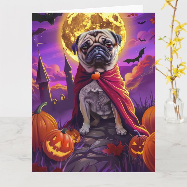 Halloween Mops Vampir Kürbisse Gruselig  Karte (Gelbe Blume)