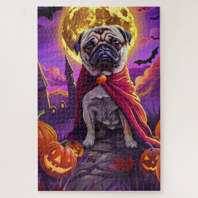 Halloween Mops Vampir Kürbisse Gruselig  Puzzle (Vertikal)