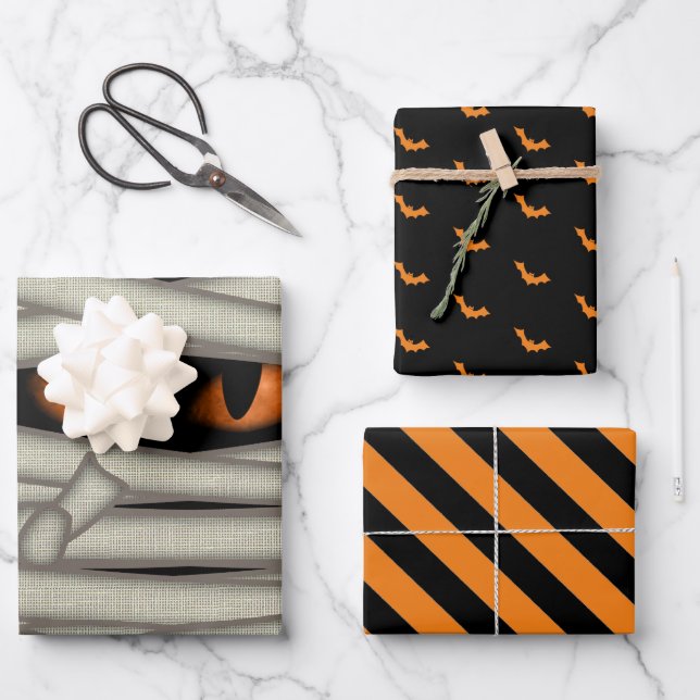 Halloween Mummy Eyes/Bats/Stripes Orange ID685 Geschenkpapier Set (Vorderseite)