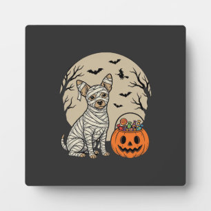 Halloween-Mummy-Hund und Kürbis-Süßigkeiten Fotoplatte